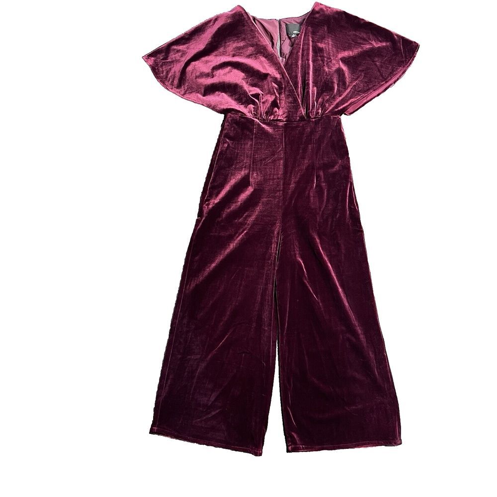 Greylin Anthropologie Luna Velvet Jumpsuit Wide Leg Cropped Burgundy Small